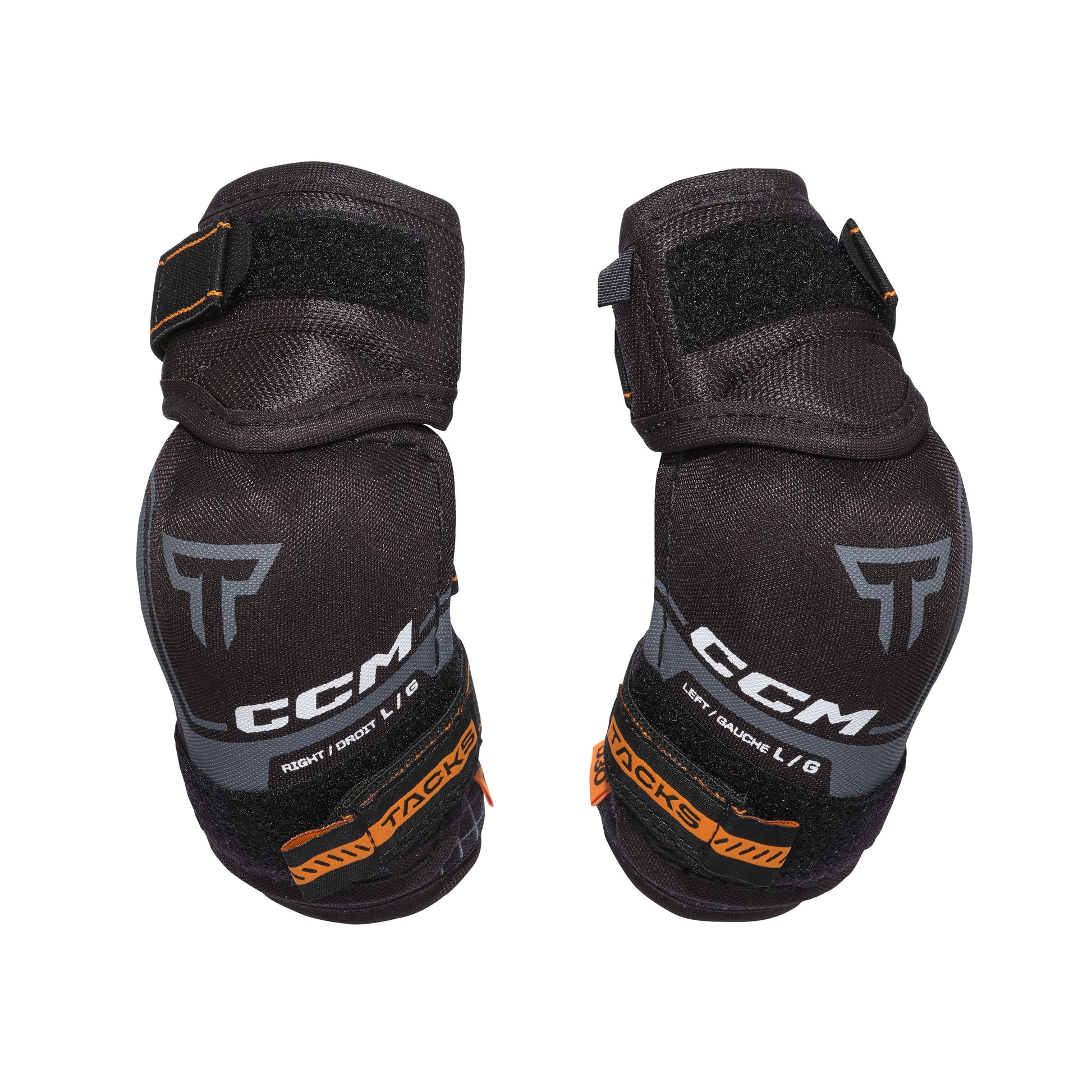 A photo of the CCM Tacks XR Pro Youth Hockey Elbow Pads in colour black and orange.