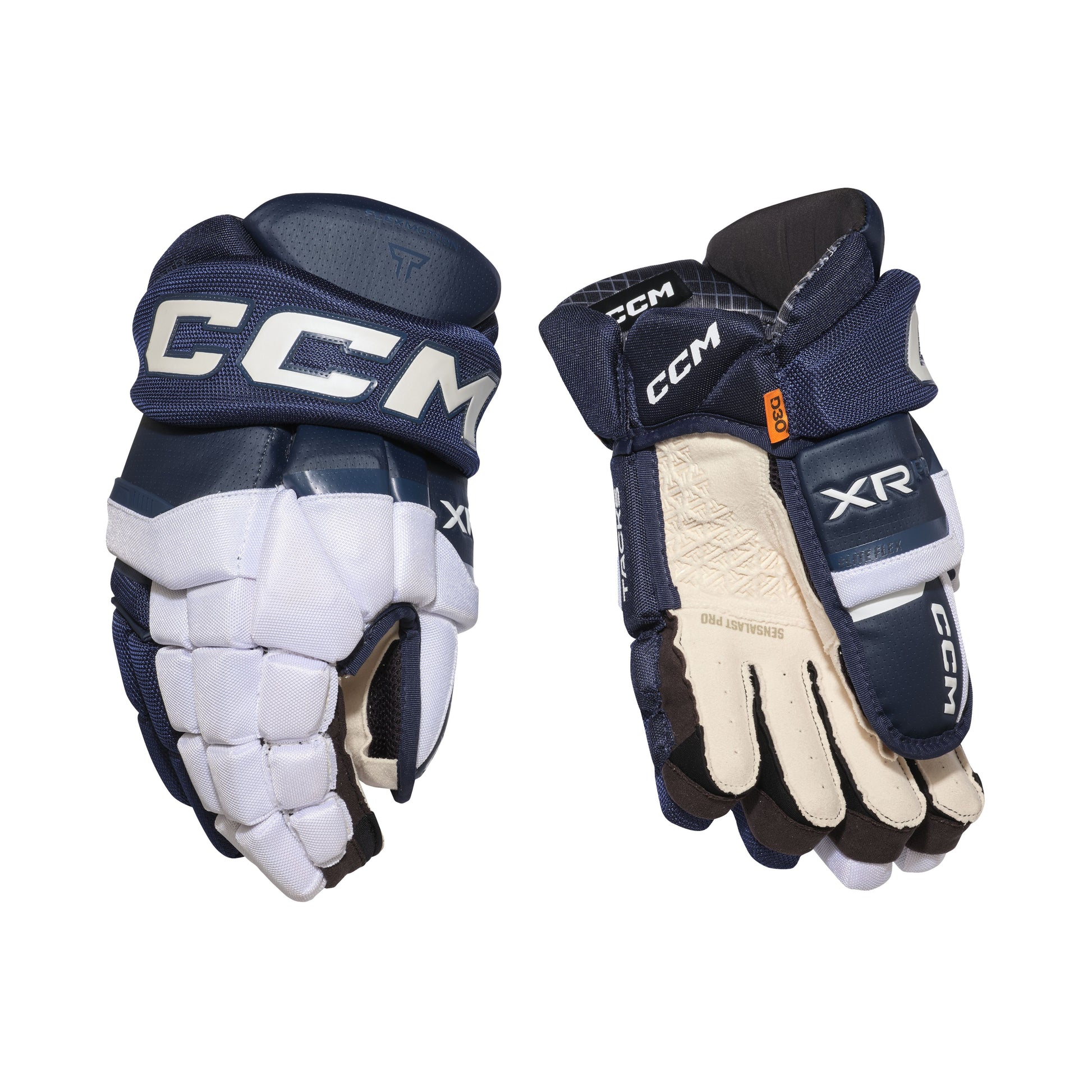 A photo of the CCM Tacks XR Pro Hockey Gloves in colour navy and white.