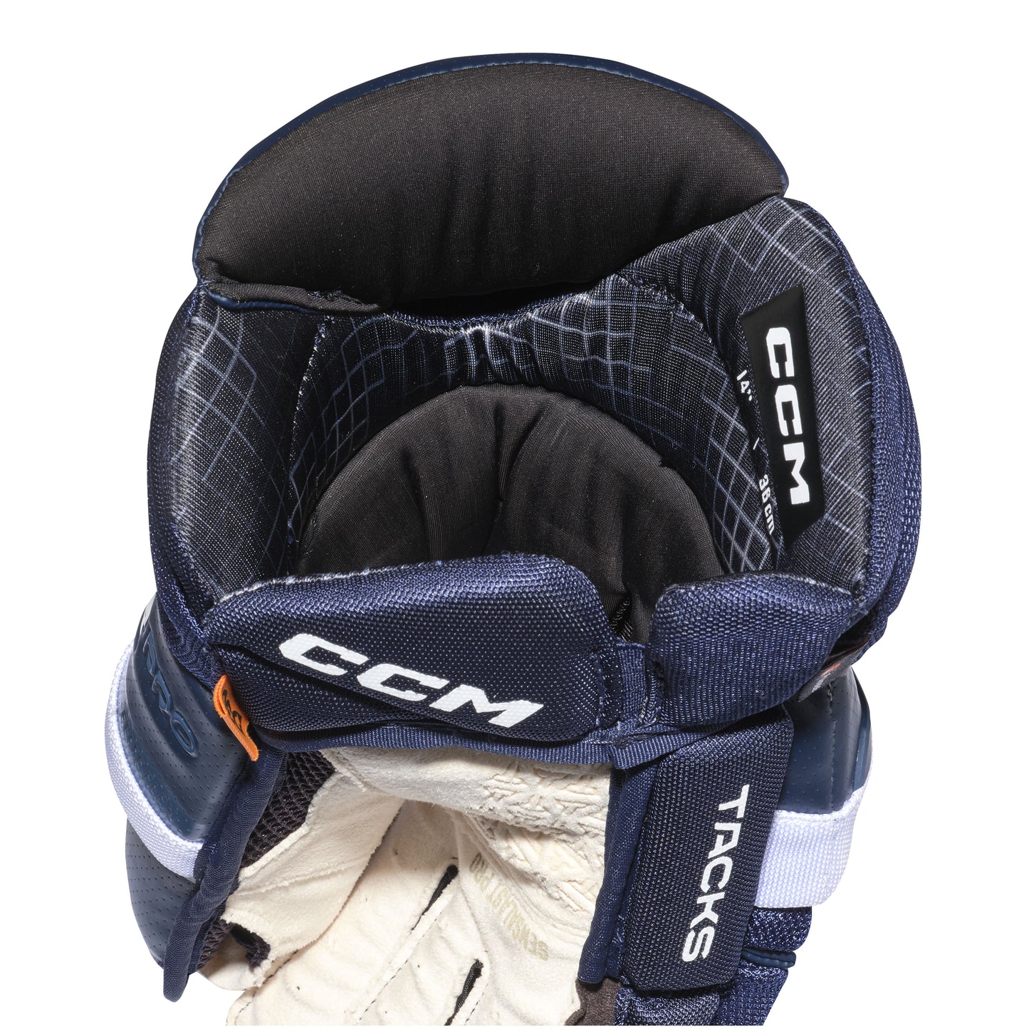 A photo of the CCM Tacks XR Pro Hockey Gloves in colour navy and white.