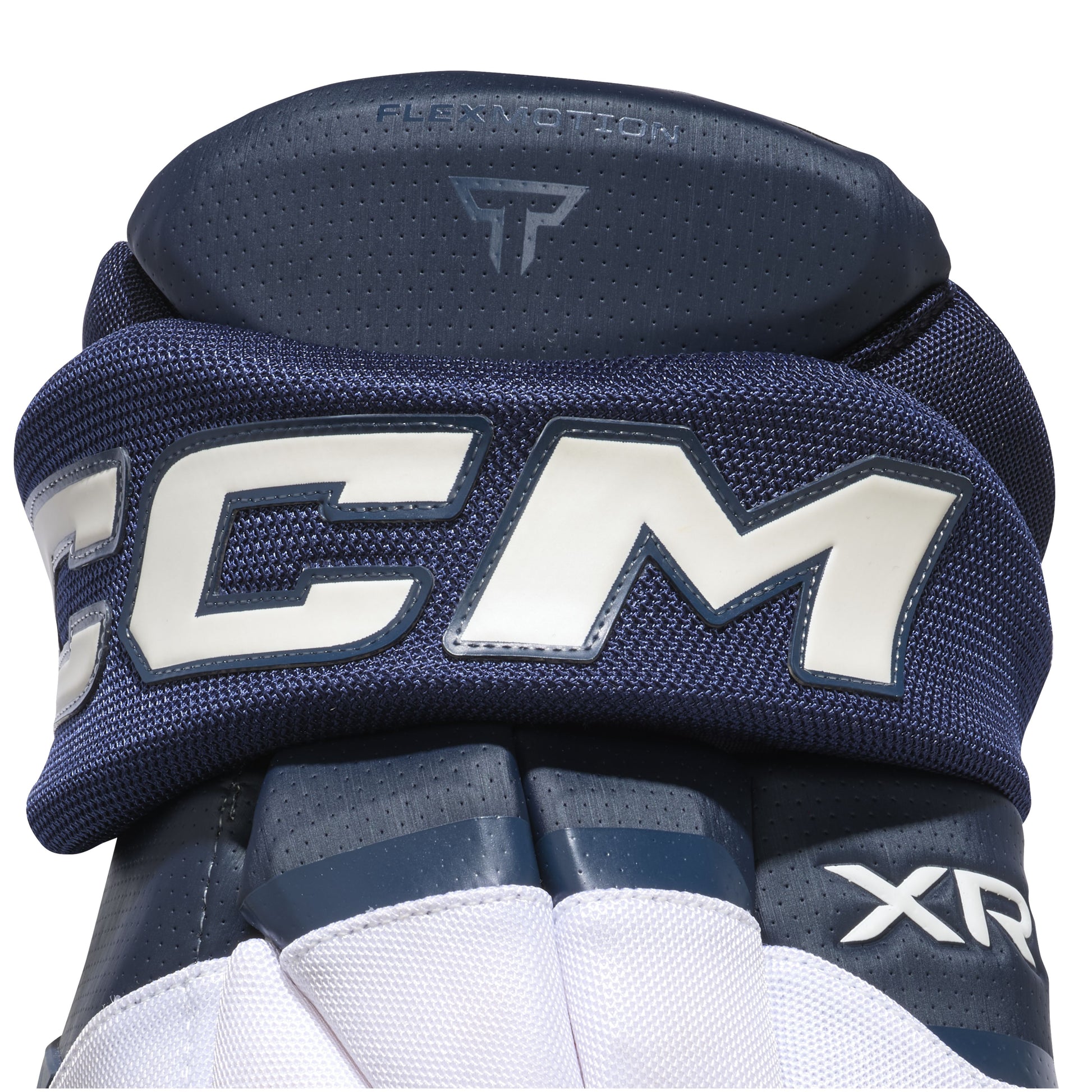 A photo of the CCM Tacks XR Pro Hockey Gloves in colour navy and white.