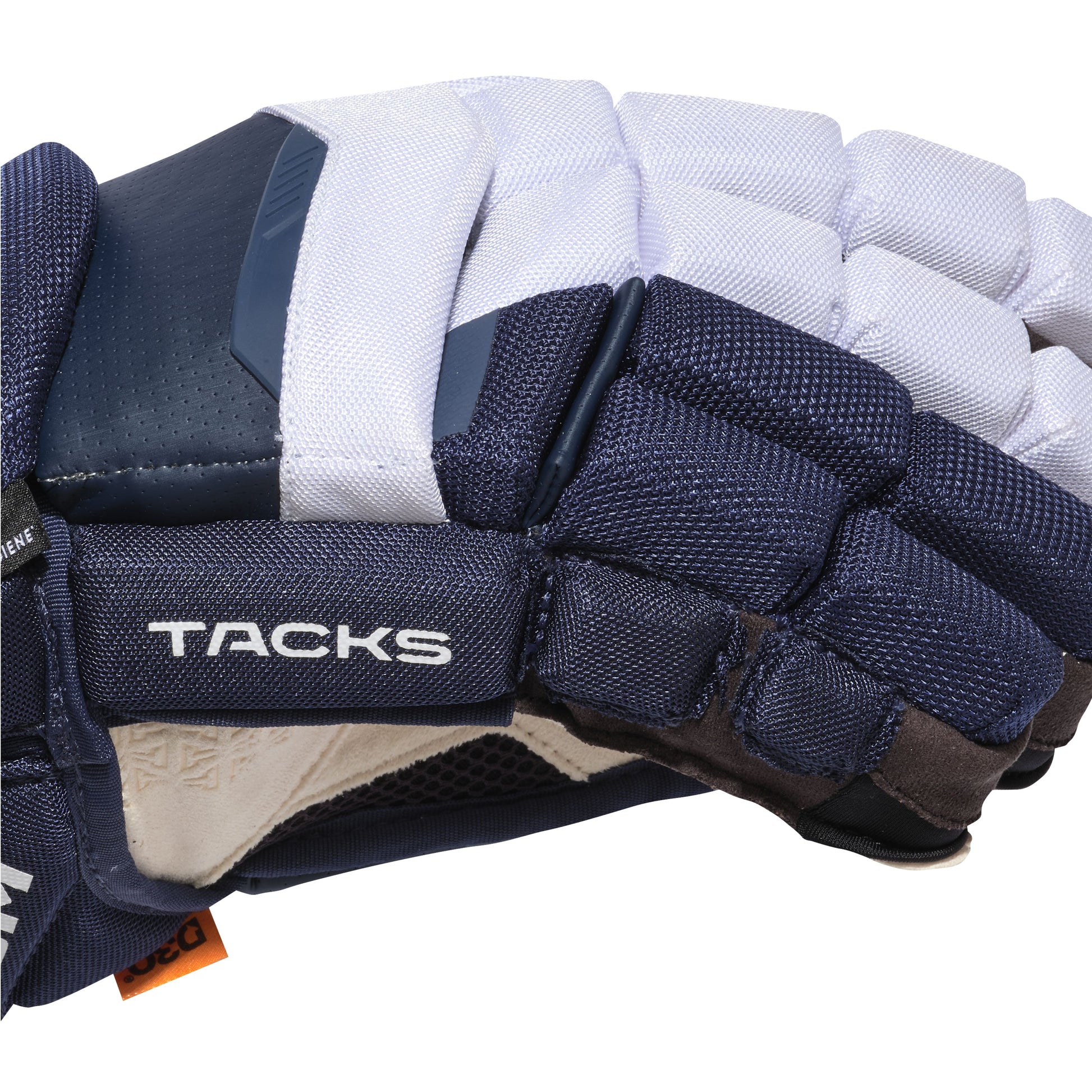 A photo of the CCM Tacks XR Pro Hockey Gloves in colour navy and white.