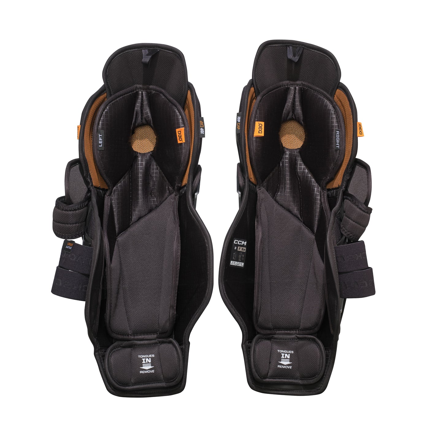 A photo of the CCM Tacks XR Pro Hockey Shin Guards in colour black and orange.