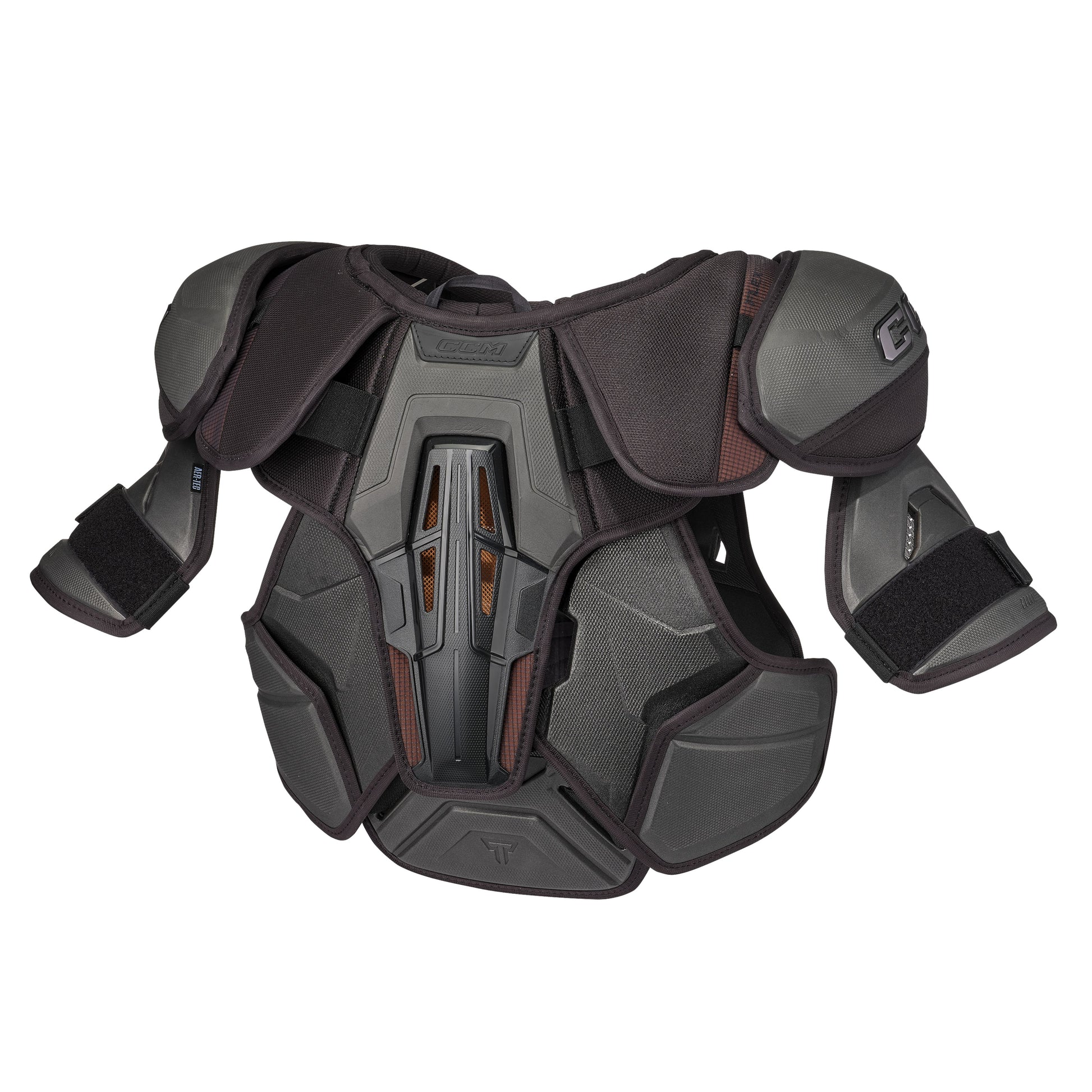 A photo of the CCM Tacks XR Pro Hockey Shoulder Pads in colour black and orange.