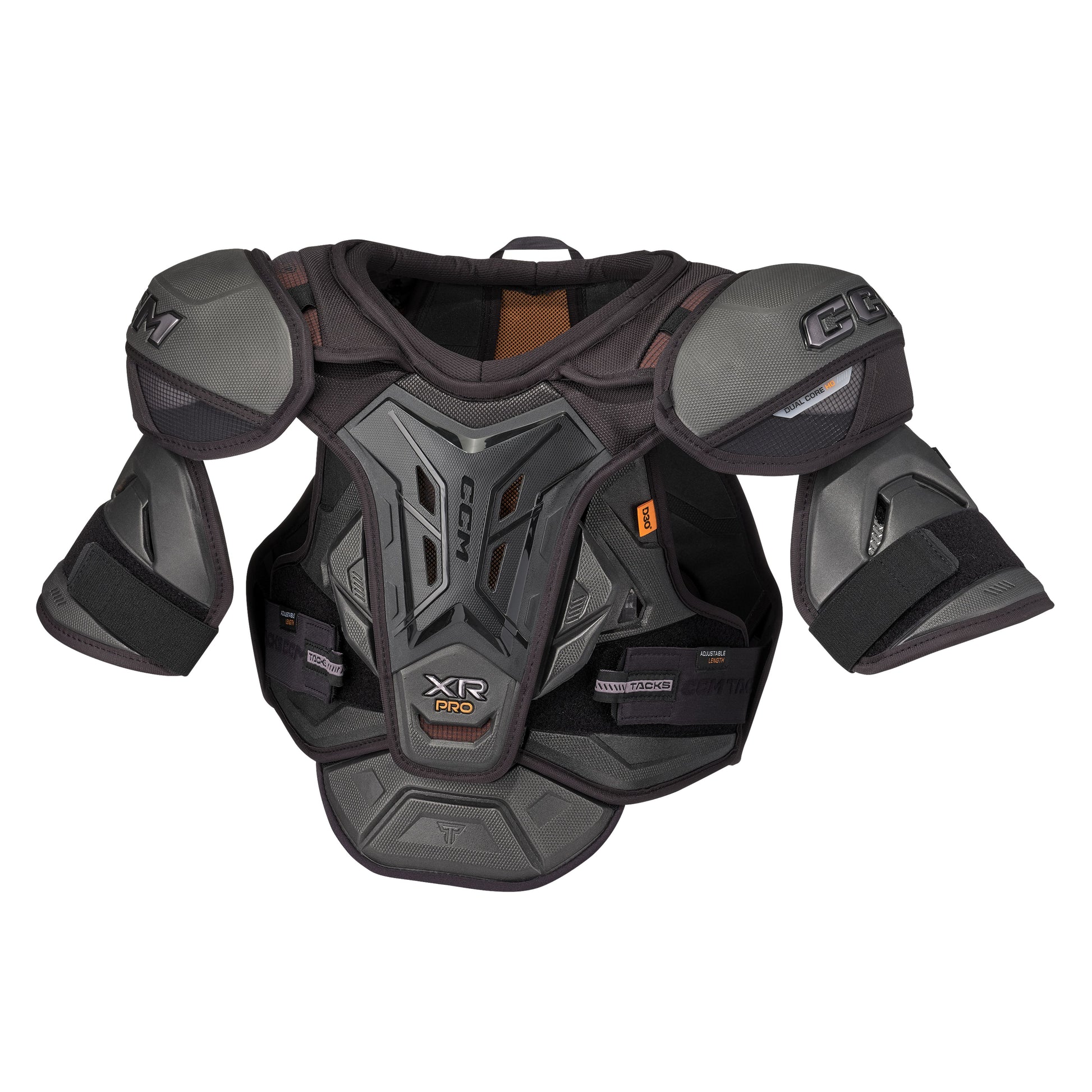 A photo of the CCM Tacks XR Pro Hockey Shoulder Pads in colour black and orange.
