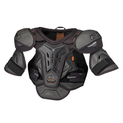 A photo of the CCM Tacks XR Pro Hockey Shoulder Pads in colour black and orange.