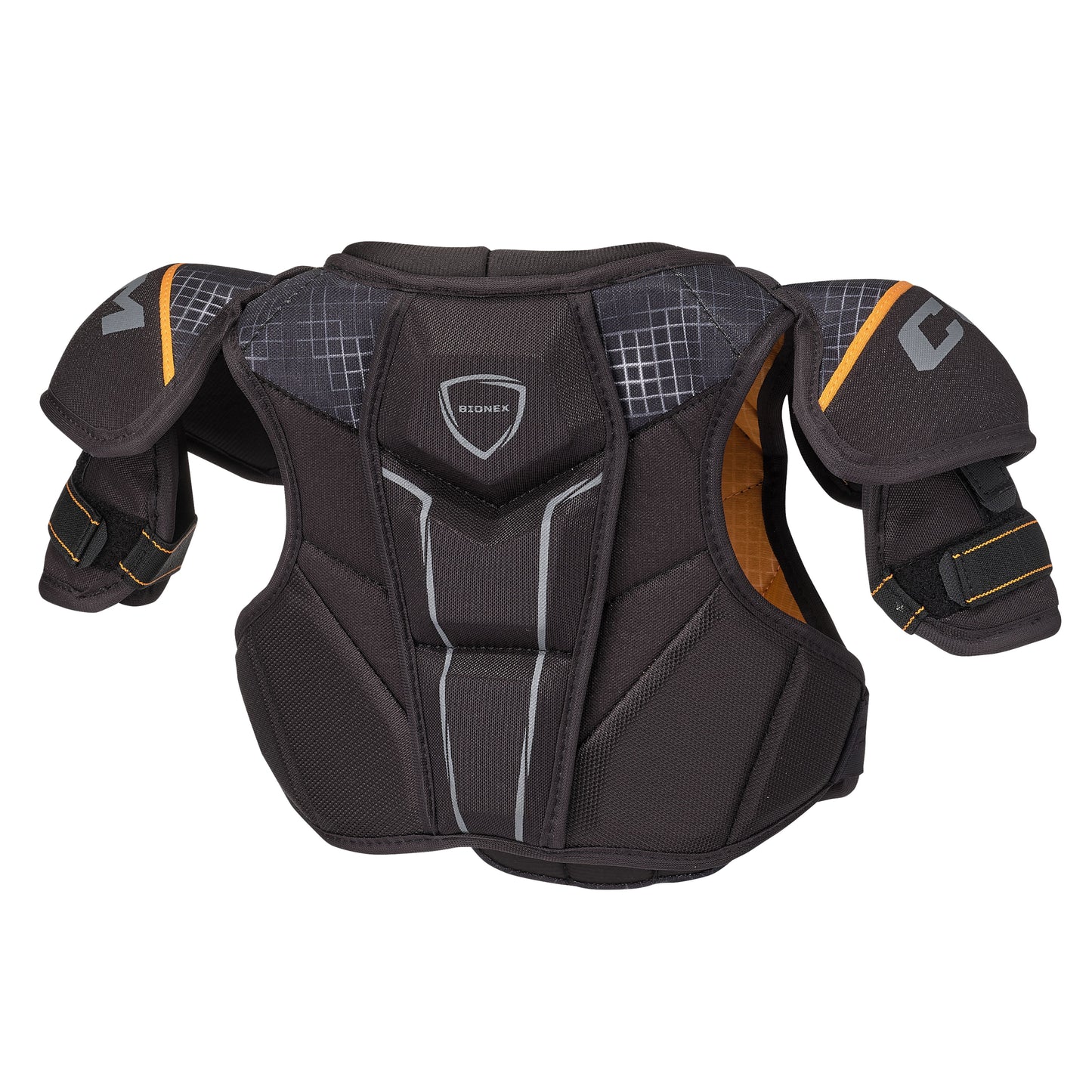 A photo of the CCM Tacks XR Pro Youth Hockey Shoulder Pads in colour black and orange. 