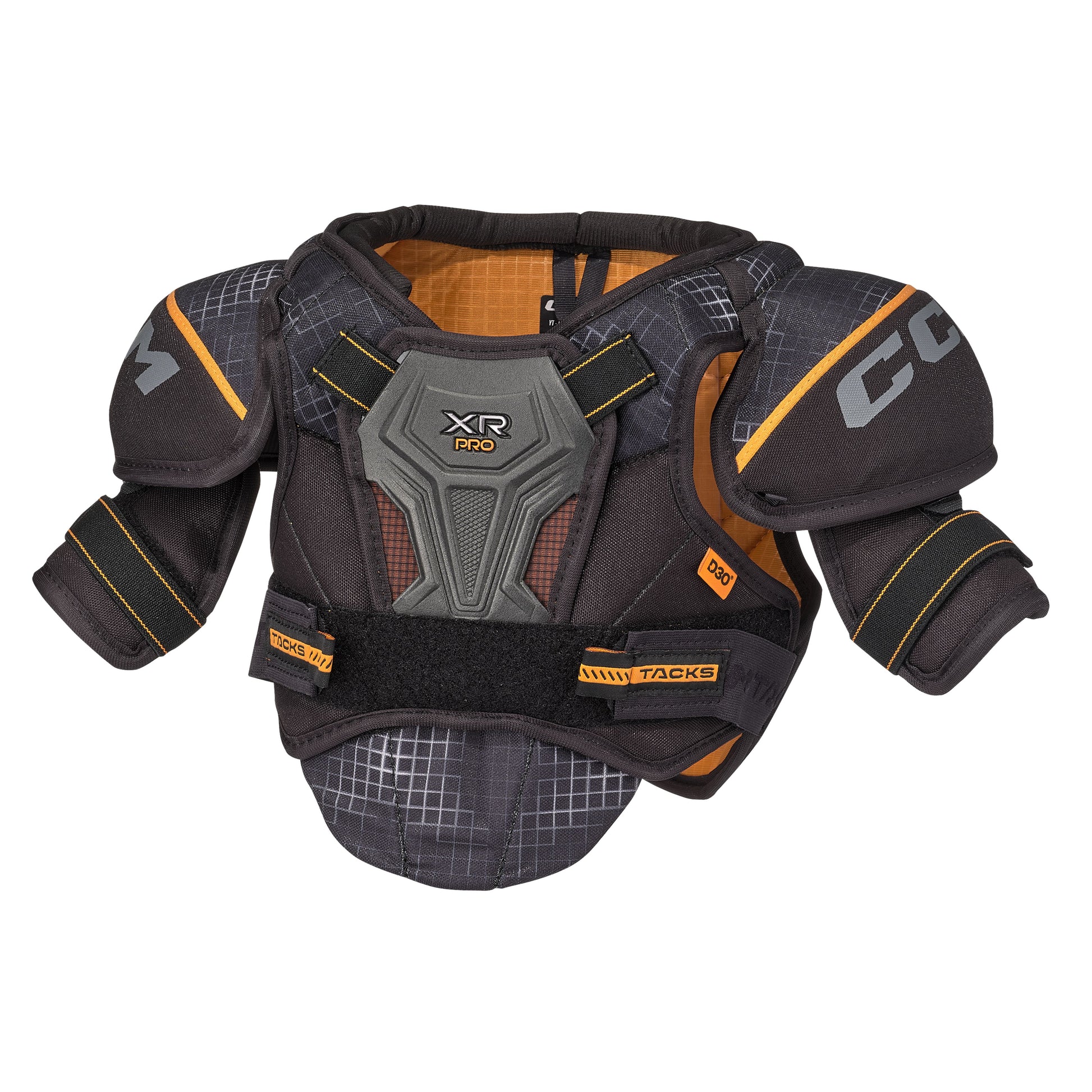 A photo of the CCM Tacks XR Pro Youth Hockey Shoulder Pads in colour black and orange. 