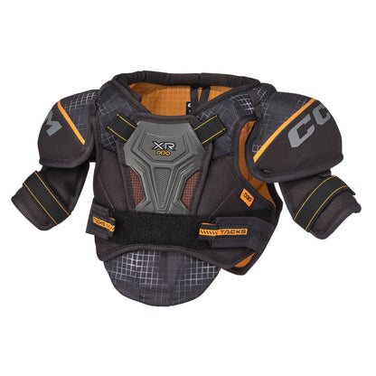 A photo of the CCM Tacks XR Pro Youth Hockey Shoulder Pads in colour black and orange. 