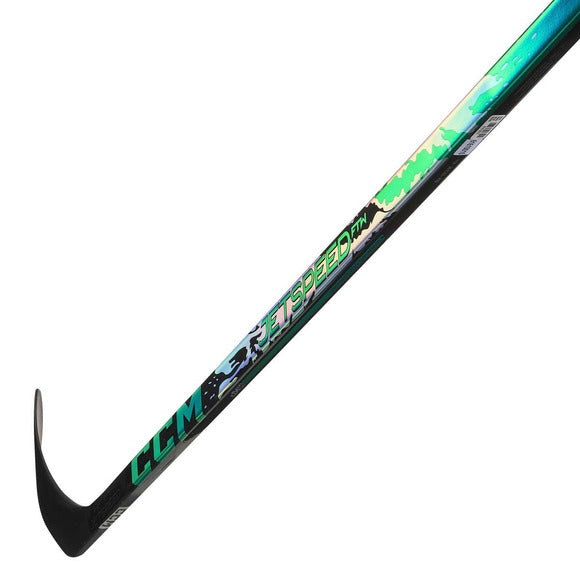 A photo of the CCM Jetspeed FTW Girls Youth Hockey Stick in colour green, white and black.