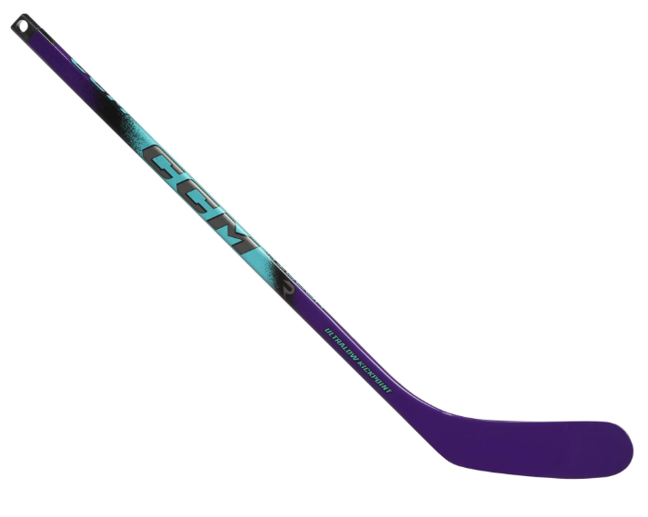 The CCM Ribcor Trigger 10 Pro Mini Hockey Stick in colour purple and teal.