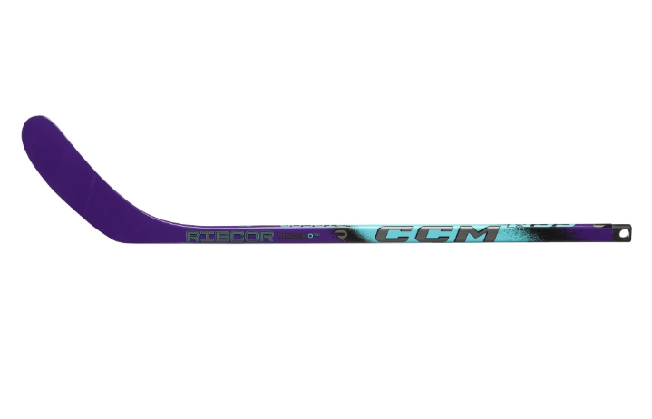 The CCM Ribcor Trigger 10 Pro Mini Hockey Stick in colour Teal and Purple.