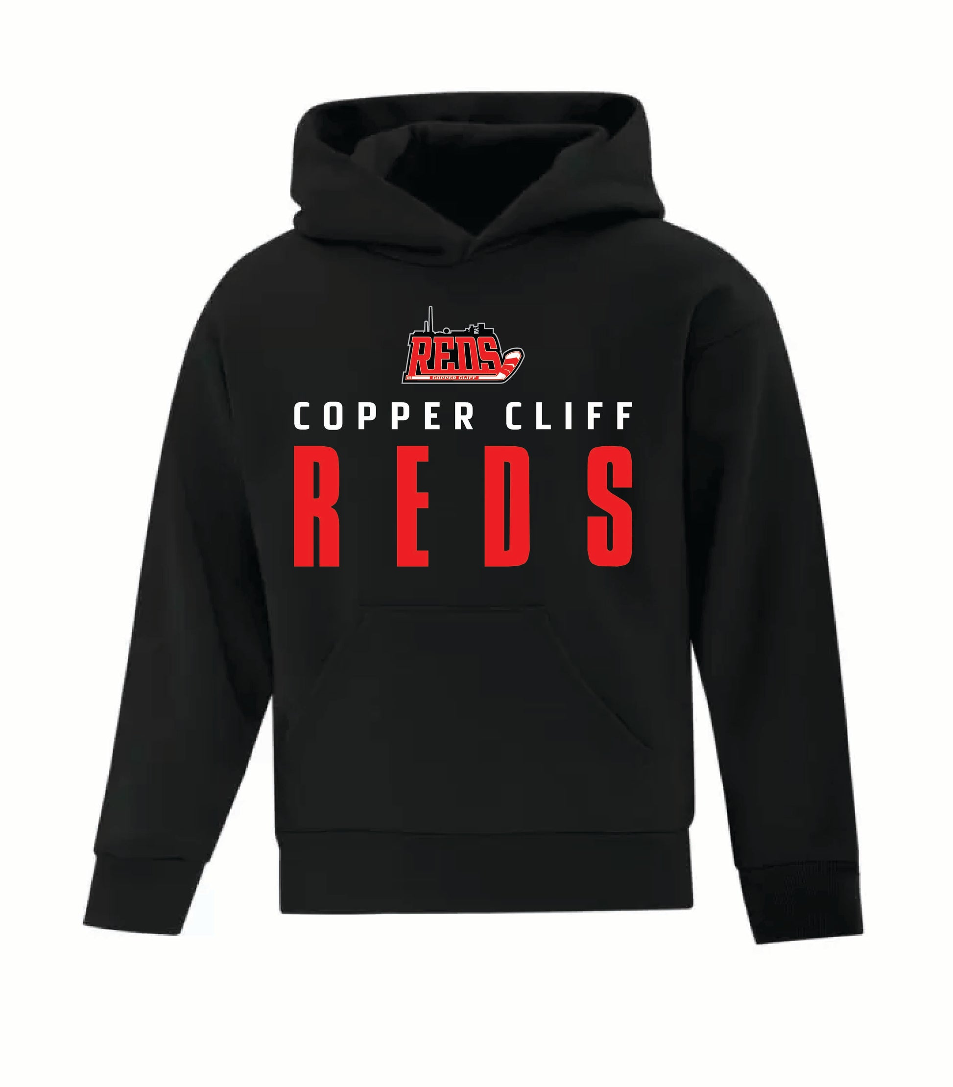 A photo of the Copper Cliff Reds - Youth Hoodie in colour black with a red logo.