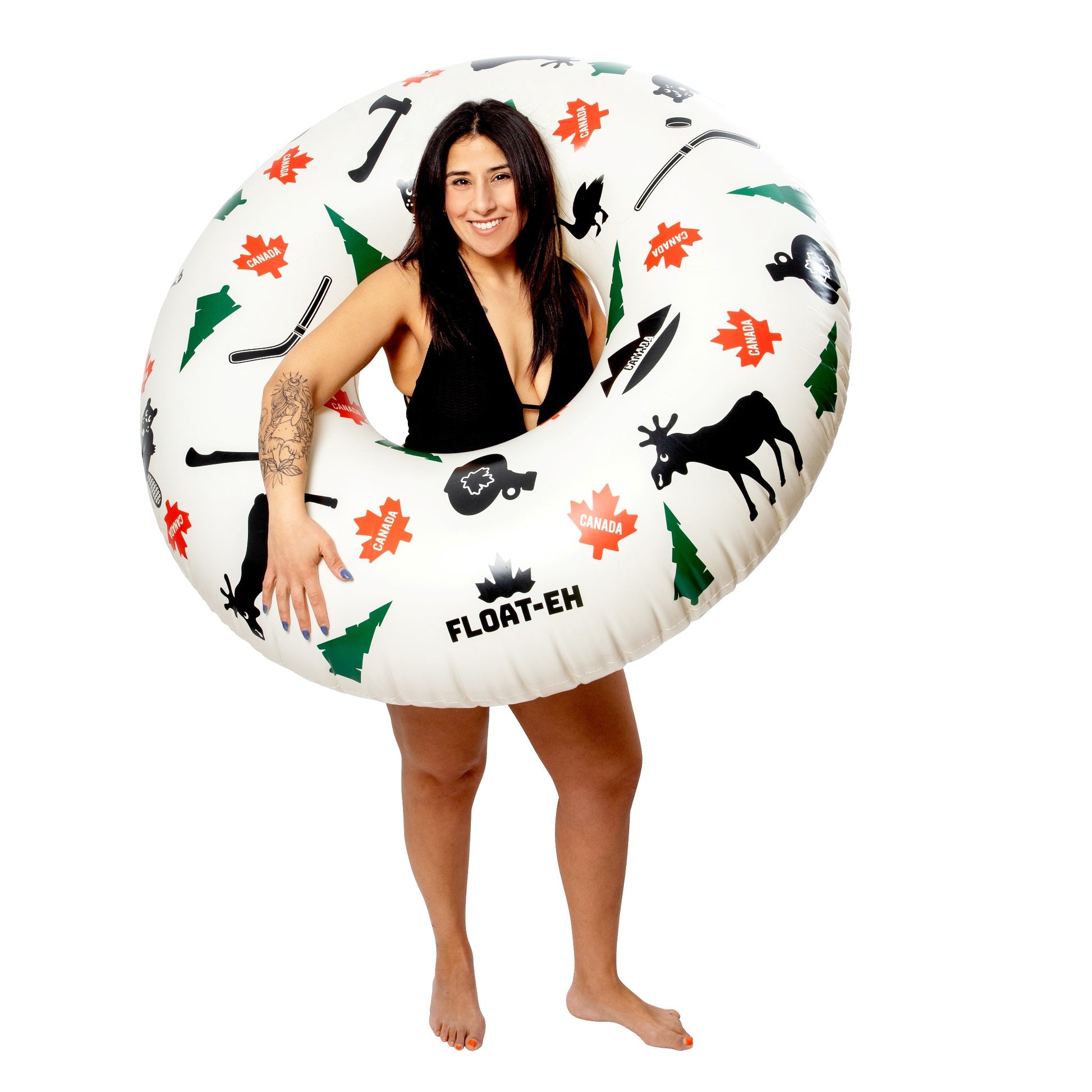 A Float-EH Pool Float Ring with Canadian Symbols standing view with model