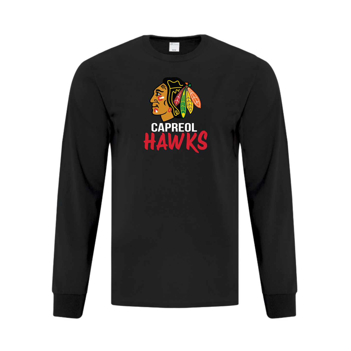 A photo of the Capreol Minor Hockey Association - Adult Long Sleeve Tee in colour black.