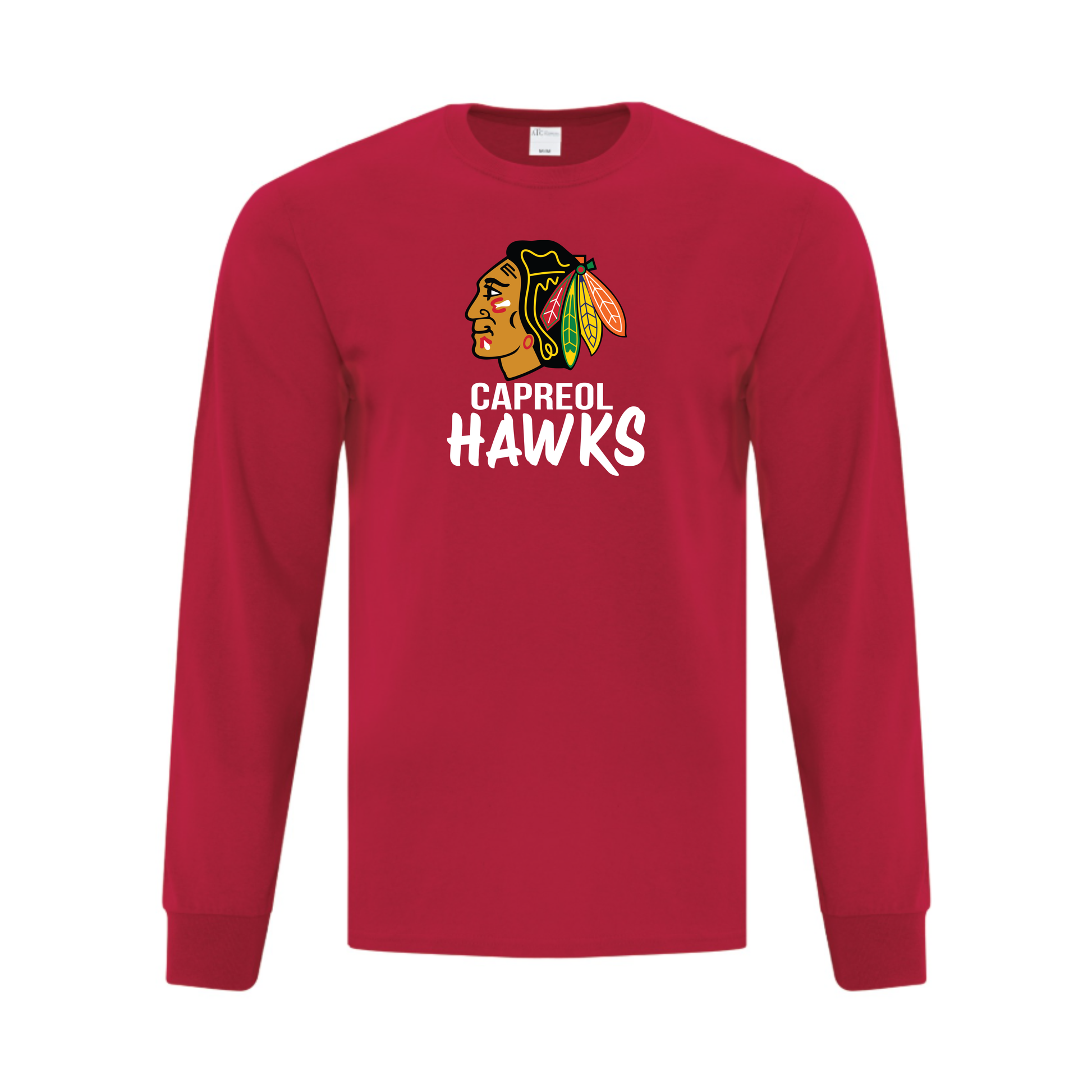 A photo of the Capreol Minor Hockey Association - Adult Long Sleeve Tee in colour red.