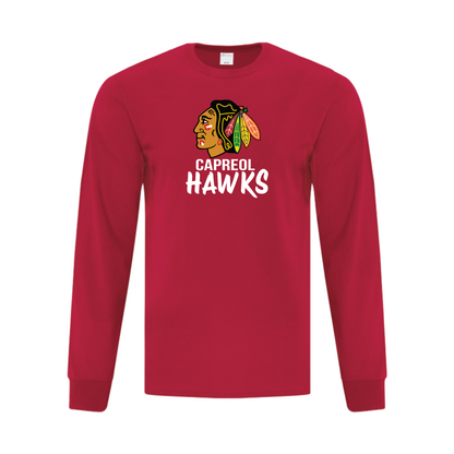 A photo of the Capreol Minor Hockey Association - Adult Long Sleeve Tee in colour red.
