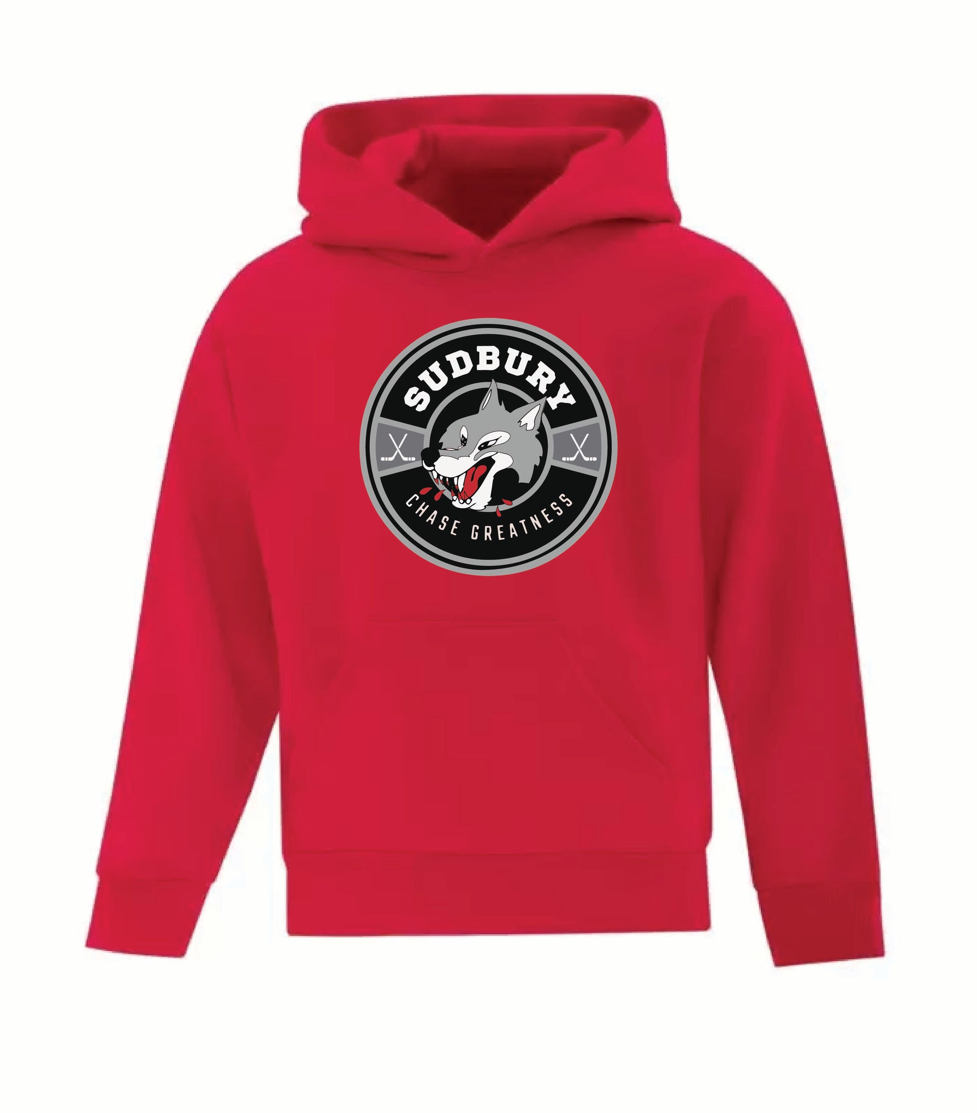 A photo of the SDGHA Chase Greatness - Youth Hoodie in colour red.