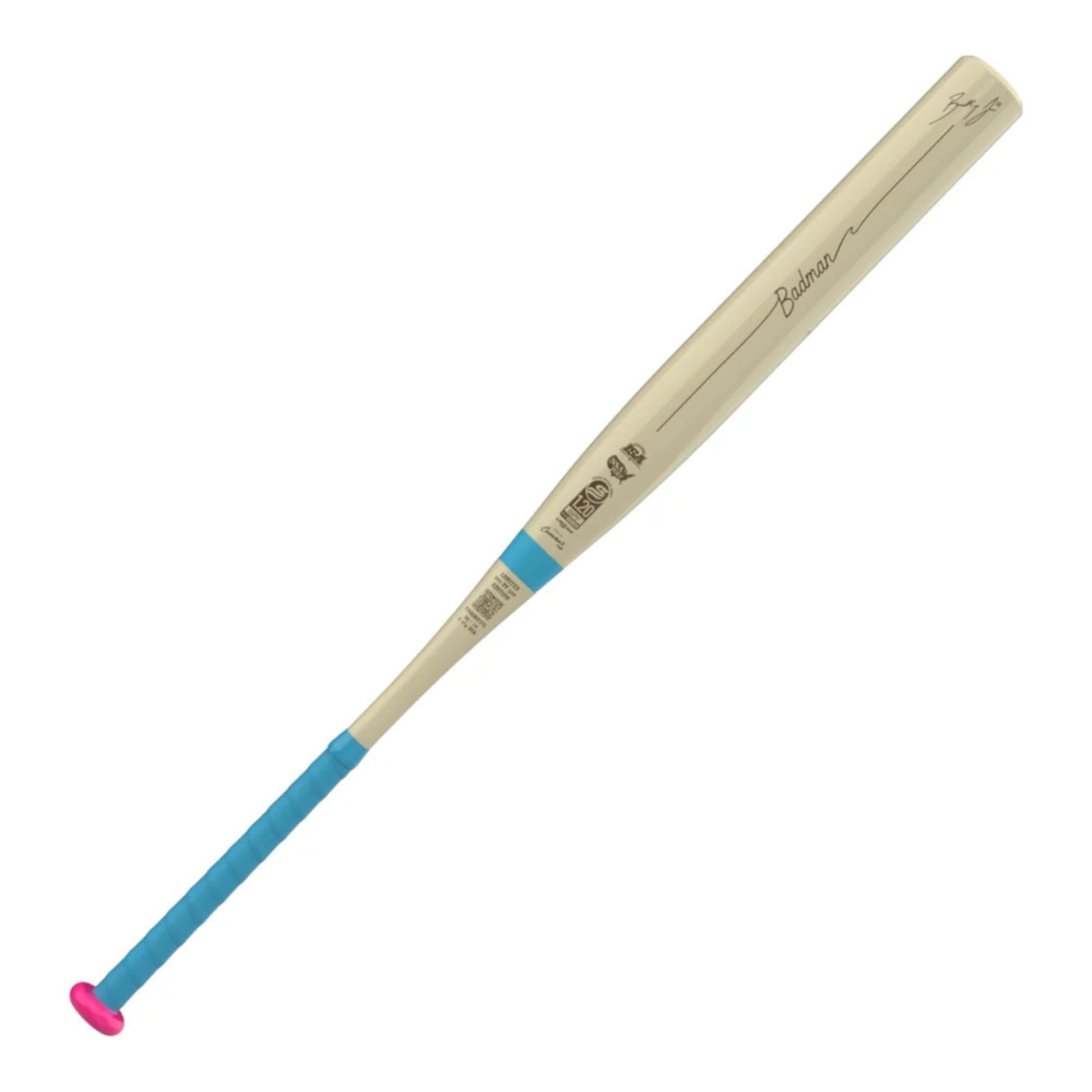 A photo of the Combat Coastal CR-1 Bradley Jones 2-Piece Slo-Pitch Bat in colour blue, pink and beige. 