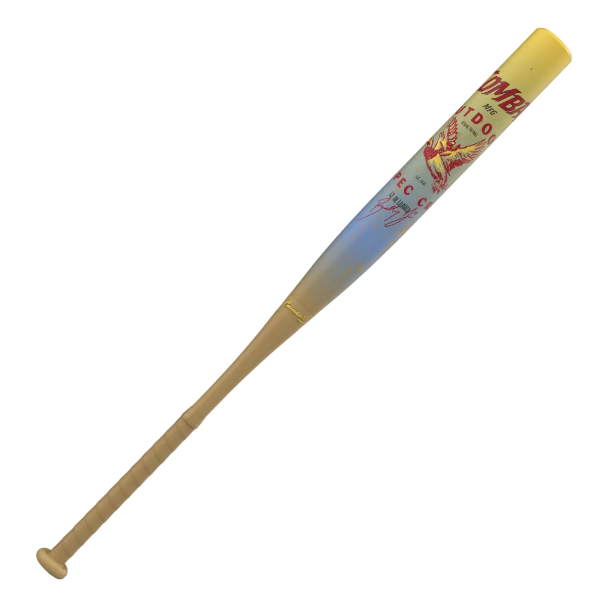 A photo of the Combat Outdoor "Big Barrel" Bradley Jones CR-1 2-Piece USSSA Slo-pitch Bat in colours yellow, blue and orange.