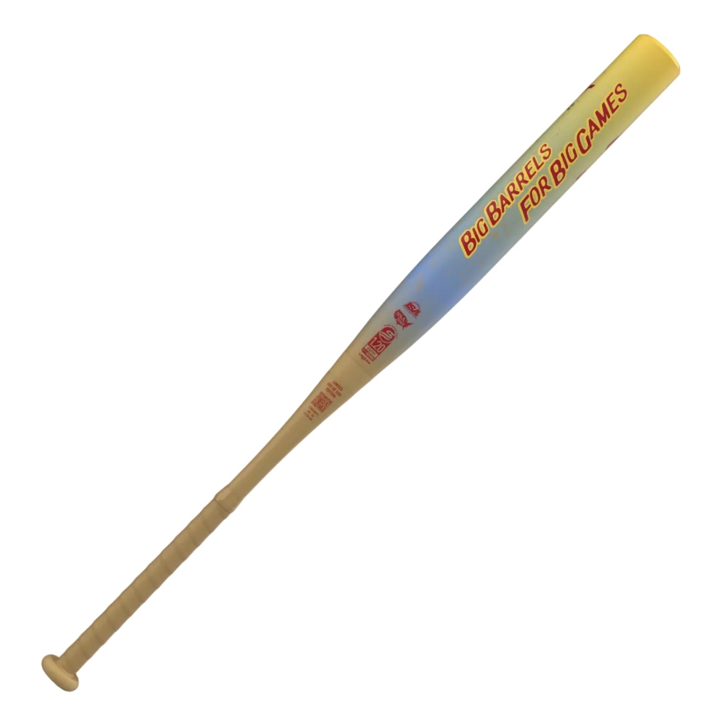 A photo of the Combat Outdoor "Big Barrel" Bradley Jones CR-1 2-Piece USSSA Slo-pitch Bat in colours yellow, blue and orange.