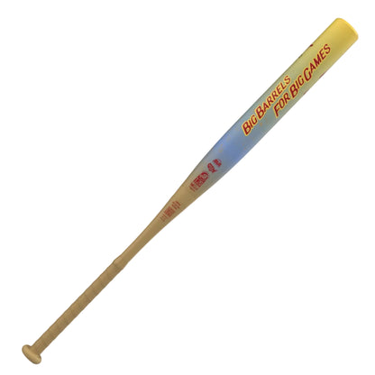 A photo of the Combat Outdoor "Big Barrel" Bradley Jones CR-1 2-Piece USSSA Slo-pitch Bat in colours yellow, blue and orange.