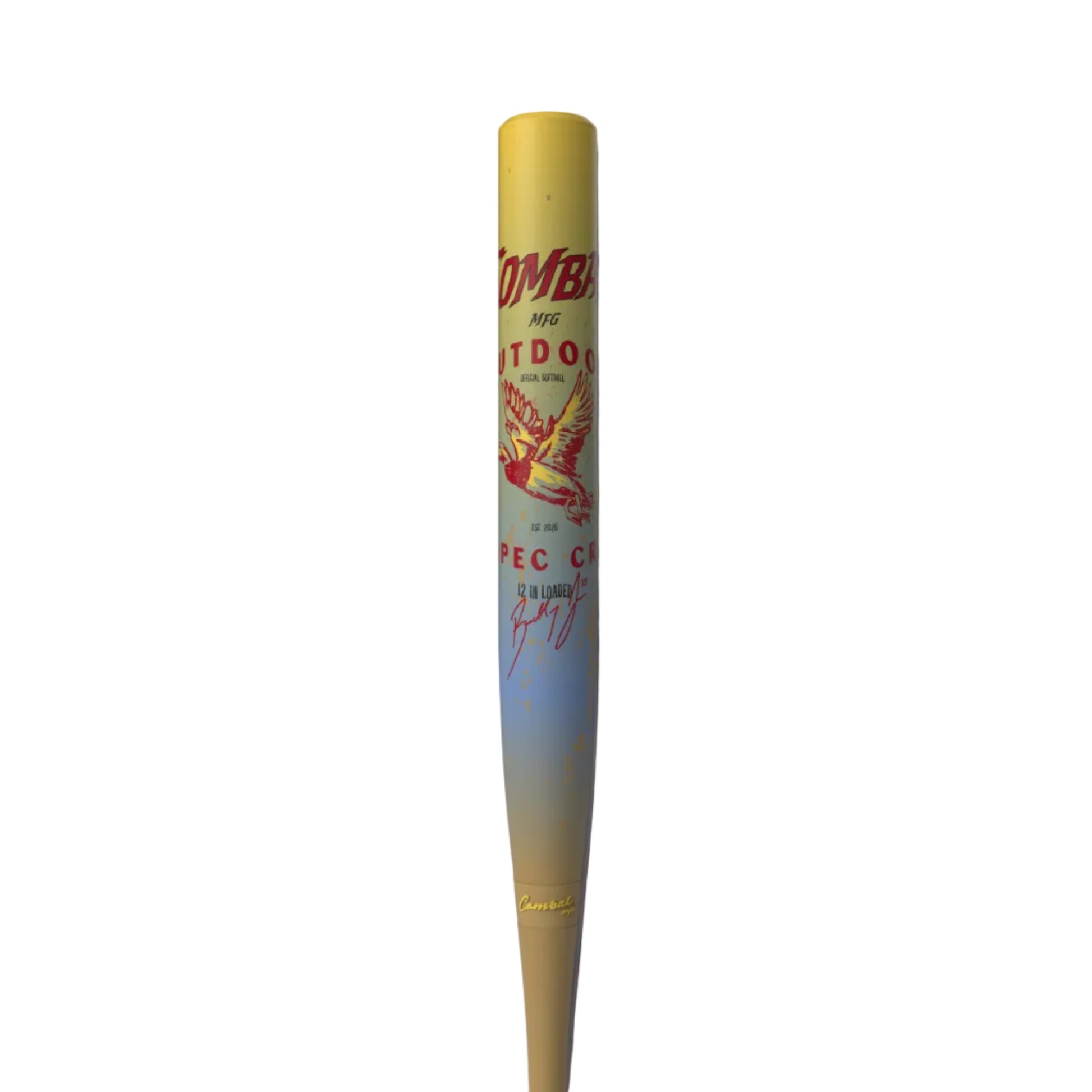 A photo of the Combat Outdoor "Big Barrel" Bradley Jones CR-1 2-Piece USSSA Slo-pitch Bat in colours yellow, blue and orange.