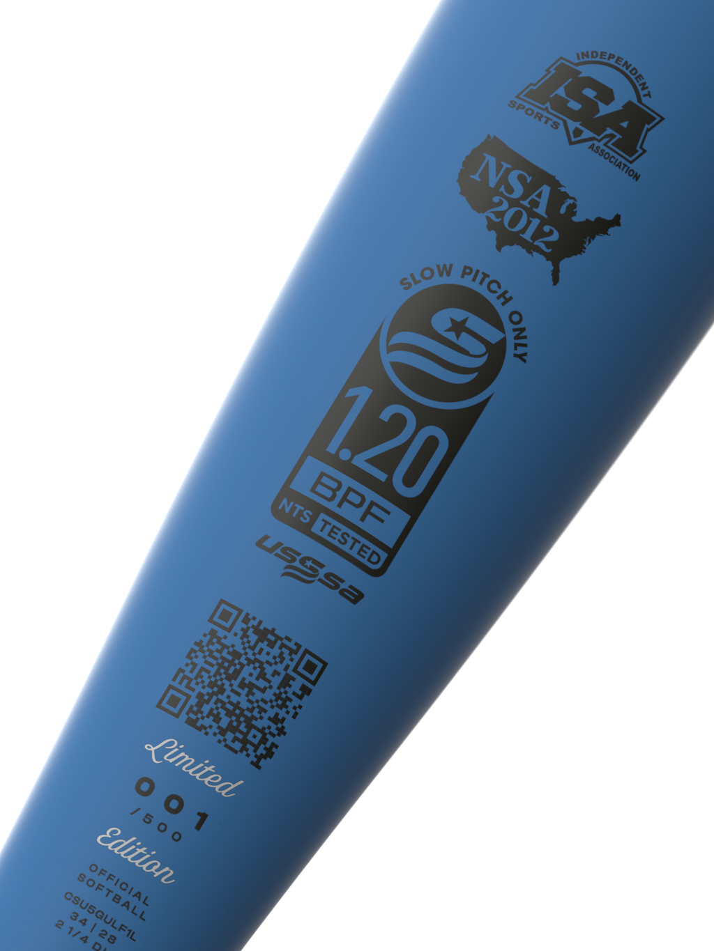 A photo of the Combat Performance Gulf Racer Bradley Jones CR-1 12.75" USSSA Slo-Pitch Bat in colour blue with black writing.