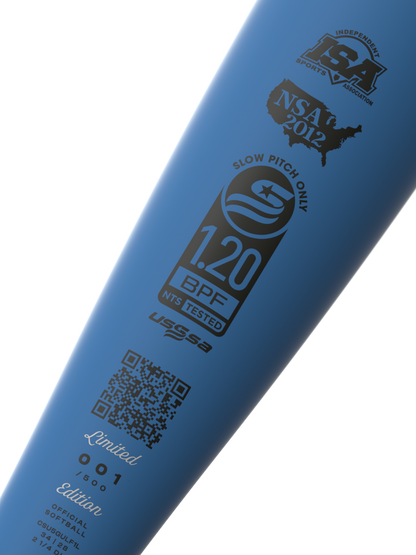 A photo of the Combat Performance Gulf Racer Bradley Jones CR-1 12.75" USSSA Slo-Pitch Bat in colour blue with black writing.