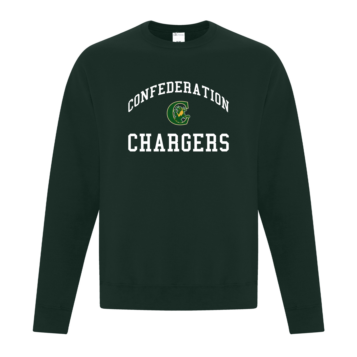 A photo of the Confederation Chargers - Adult Crewneck Sweatshirt in colour forest green