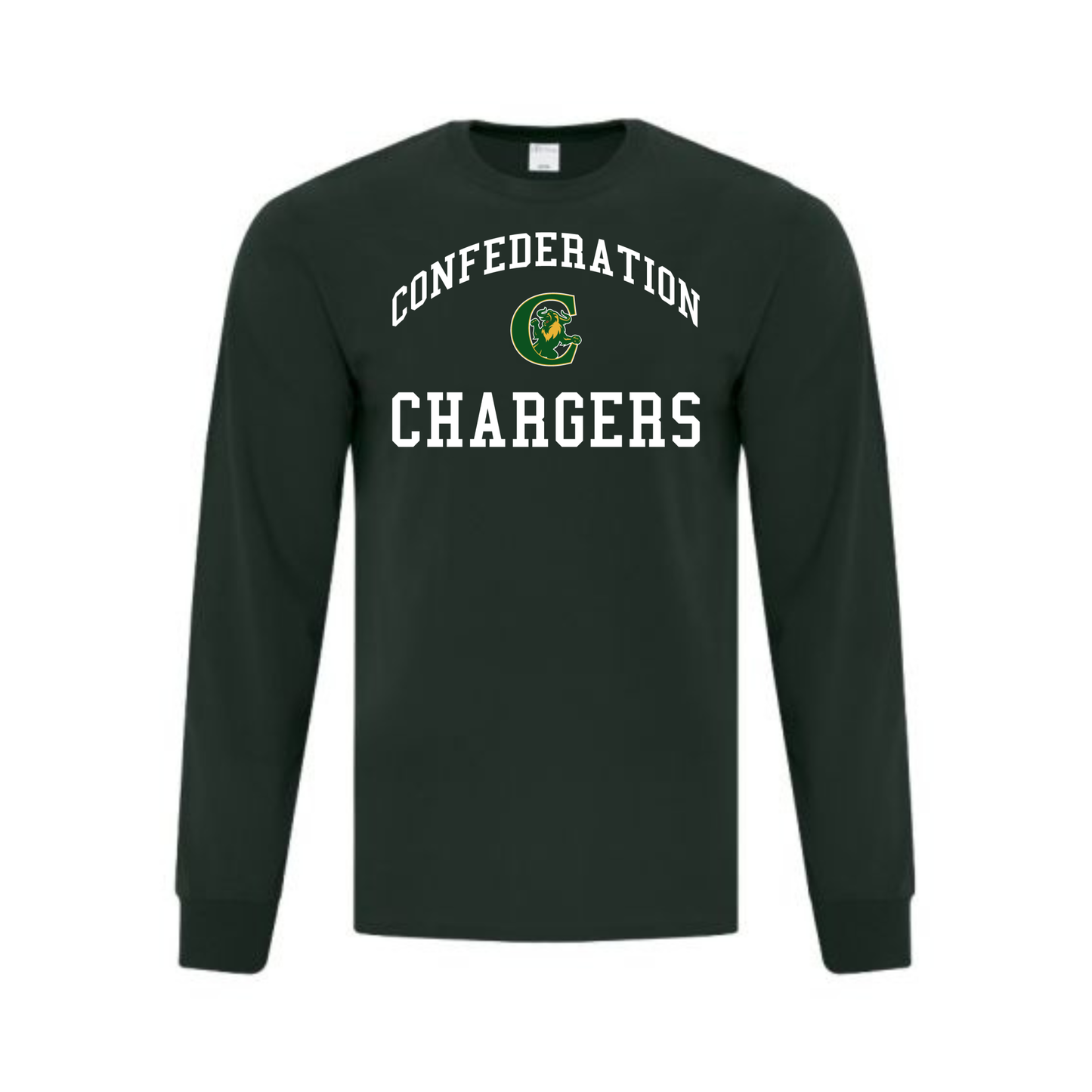 A photo of the A photo of the Confederation Chargers - Adult Long Sleeve Tee in colour dark green.