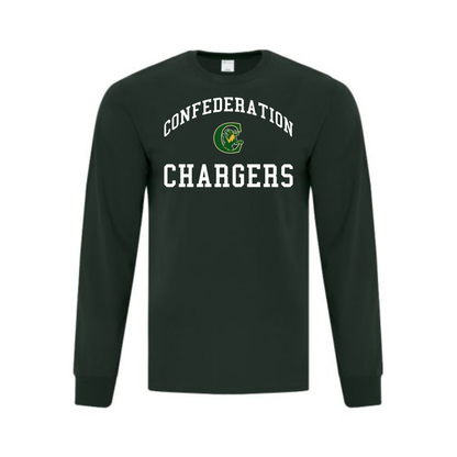A photo of the A photo of the Confederation Chargers - Adult Long Sleeve Tee in colour dark green.
