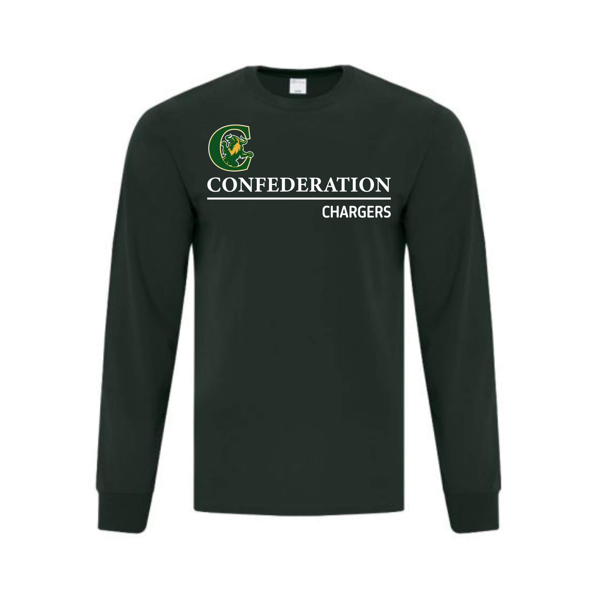 A photo of the Confederation Chargers - Adult Long Sleeve Tee in colour dark green.