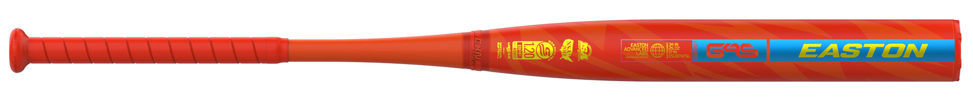A photo of the Easton Tantrum Loaded 12" 2-Piece Slo-Pitch Softball Bat (2026) in colour red with yellow and blue text.