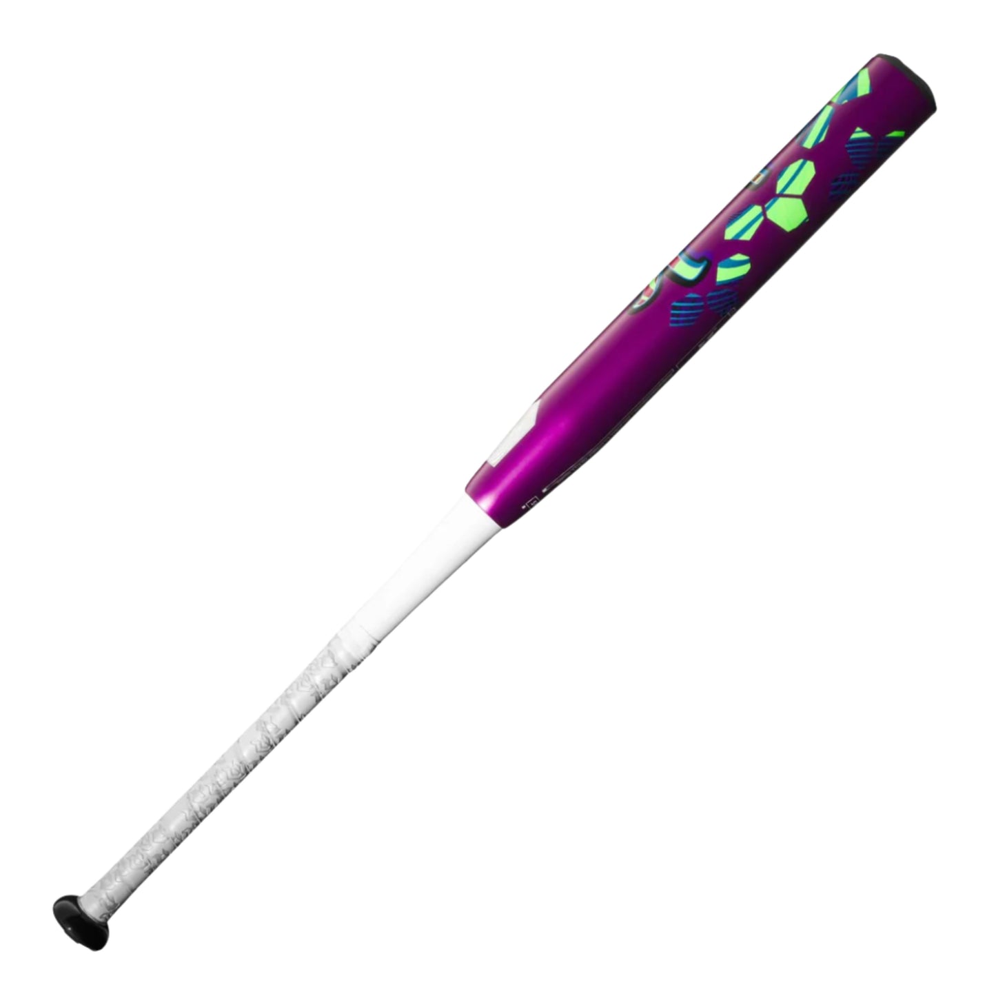A photo of the DeMarini 2025 Spryte (-12) Fastpitch Bat in colour purple, red and green. White handle.