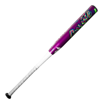 A photo of the DeMarini 2025 Spryte (-12) Fastpitch Bat in colour purple, red and green. White handle.