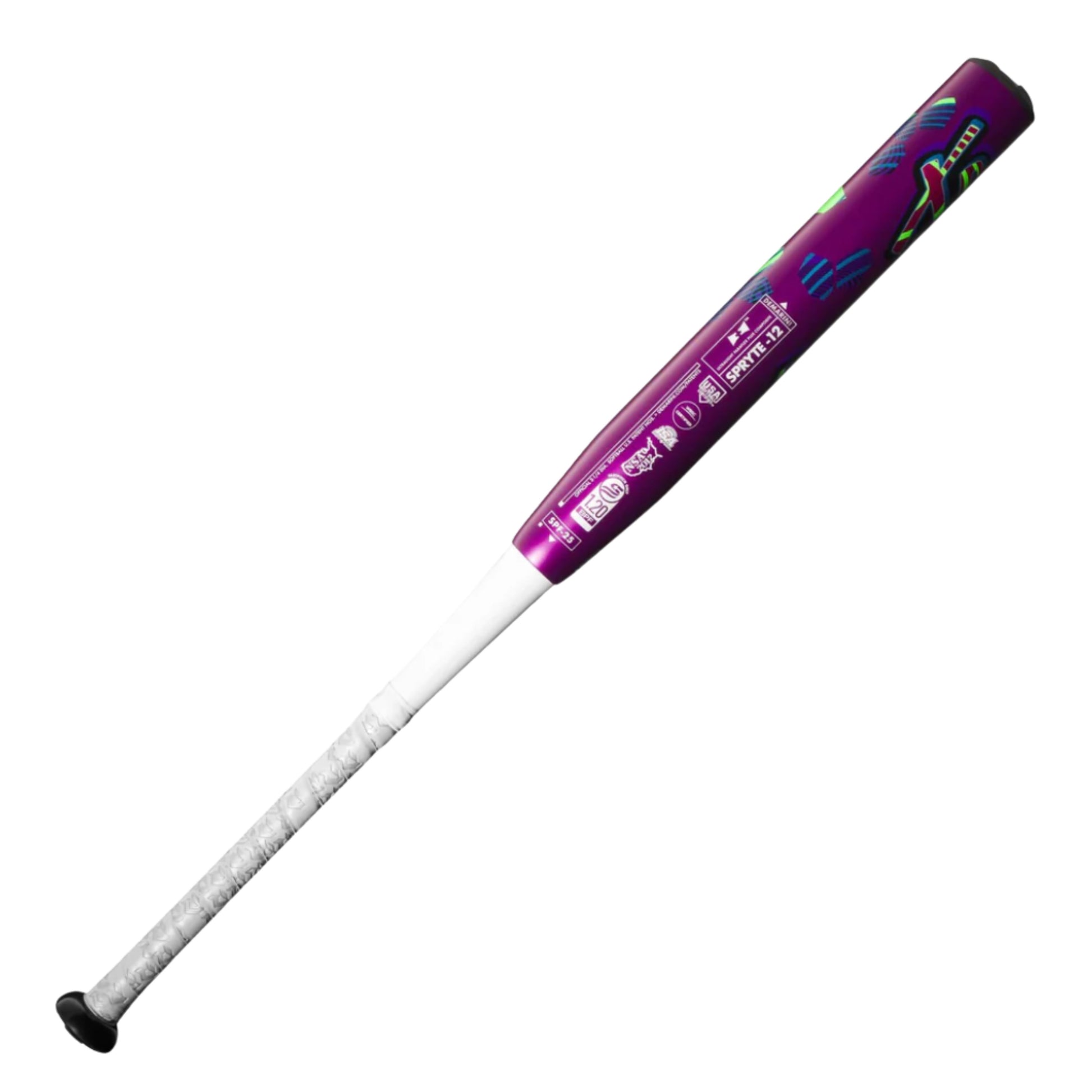 A photo of the DeMarini 2025 Spryte (-12) Fastpitch Bat in colour purple, red and green. White handle.