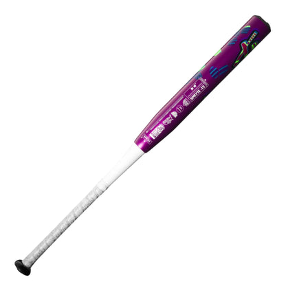 A photo of the DeMarini 2025 Spryte (-12) Fastpitch Bat in colour purple, red and green. White handle.