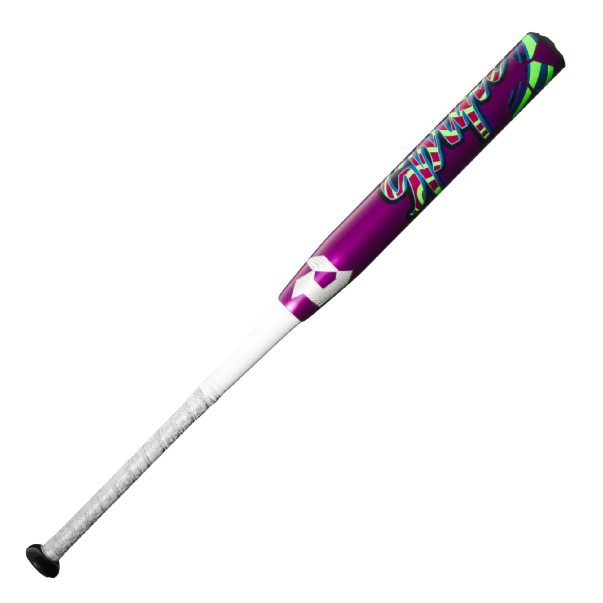 A photo of the DeMarini 2025 Spryte (-12) Fastpitch Bat in colour purple, red and green. White handle.