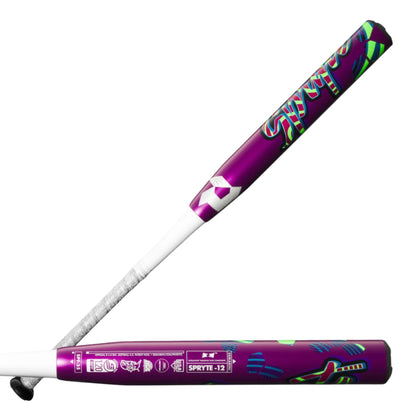 A photo of the DeMarini 2025 Spryte (-12) Fastpitch Bat in colour purple, red and green. White handle.