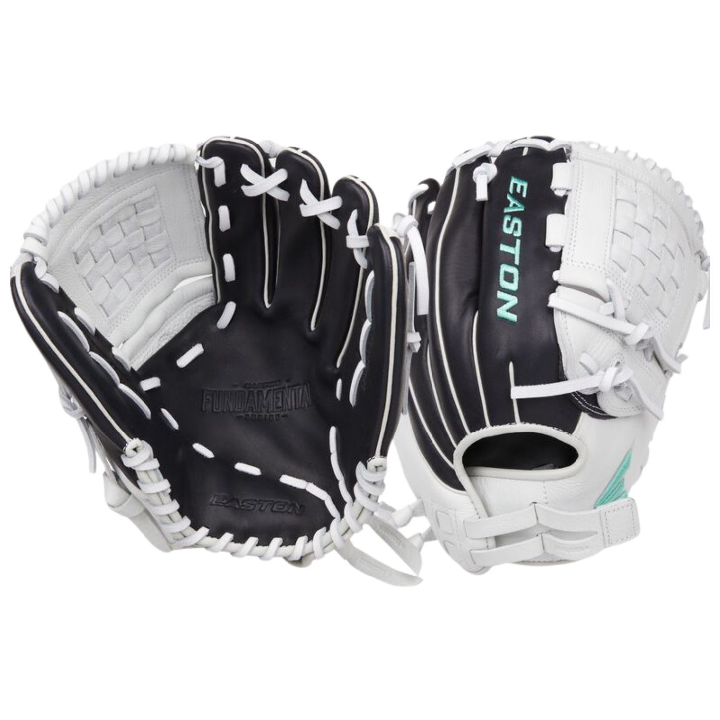 A photo of the Easton Fundamental Fastpitch 12-Inch Fastpitch Softball Glove in colour white, black and blue.