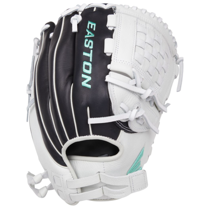 A photo of the Easton Fundamental Fastpitch 12-Inch Fastpitch Softball Glove in colour white, black and blue.