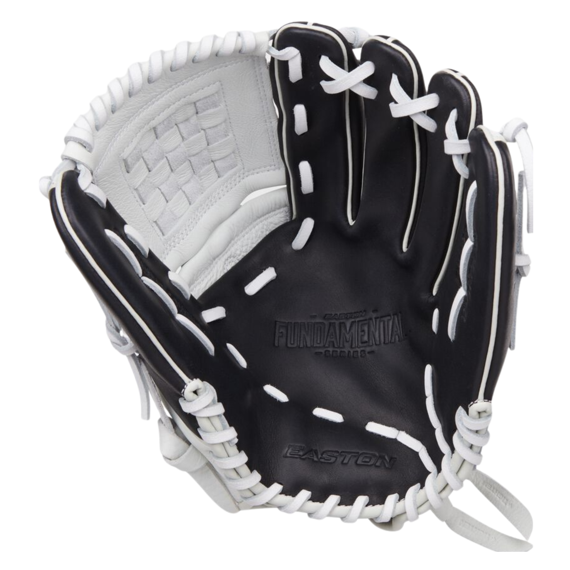 A photo of the Easton Fundamental Fastpitch 12-Inch Fastpitch Softball Glove in colour white, black and blue.