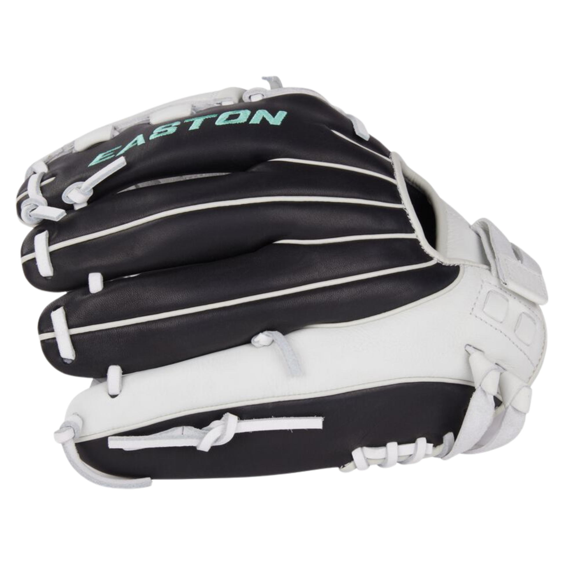 A photo of the Easton Fundamental Fastpitch 12-Inch Fastpitch Softball Glove in colour white, black and blue.
