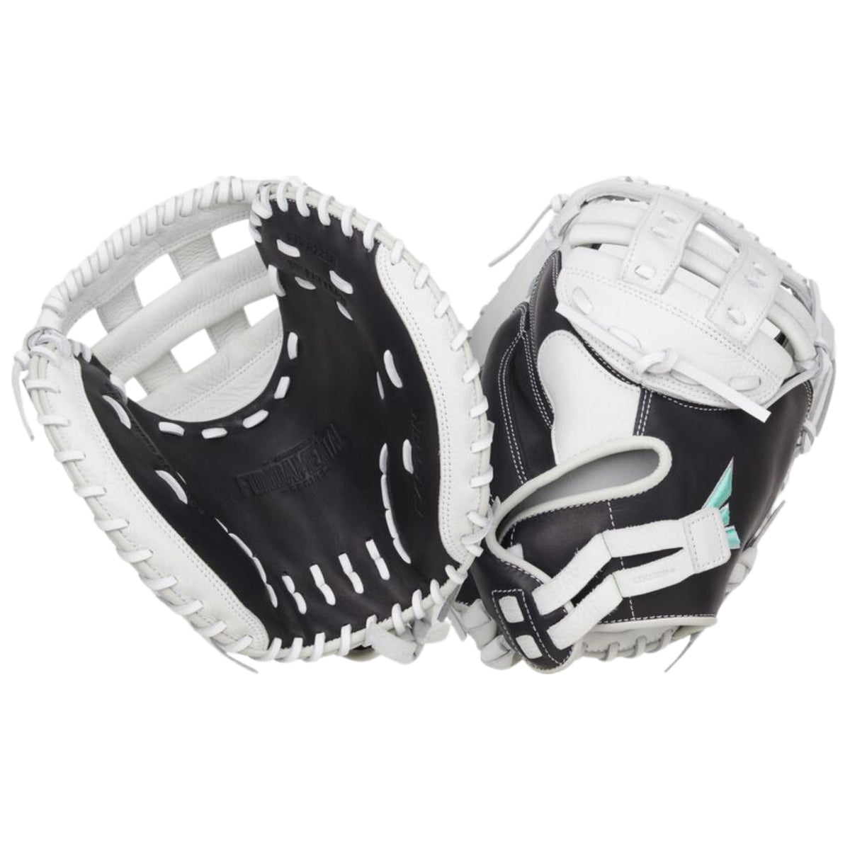A photo of the Easton Fundamental Fastpitch 33-Inch Fastpitch Catcher's Mitt in colour black and white.
