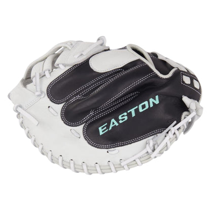 A photo of the Easton Fundamental Fastpitch 33-Inch Fastpitch Catcher's Mitt in colour black and white.