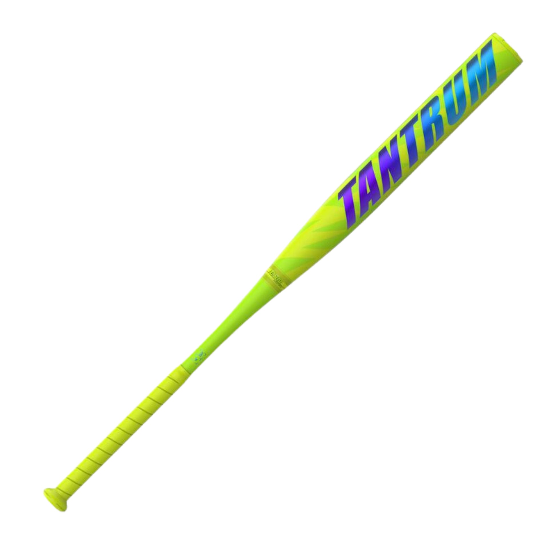 A photo of the Easton Tantrum Balanced 13" 2-Piece Slo-Pitch Softball Bat in colour green with purple and blue TANTRUM logo.