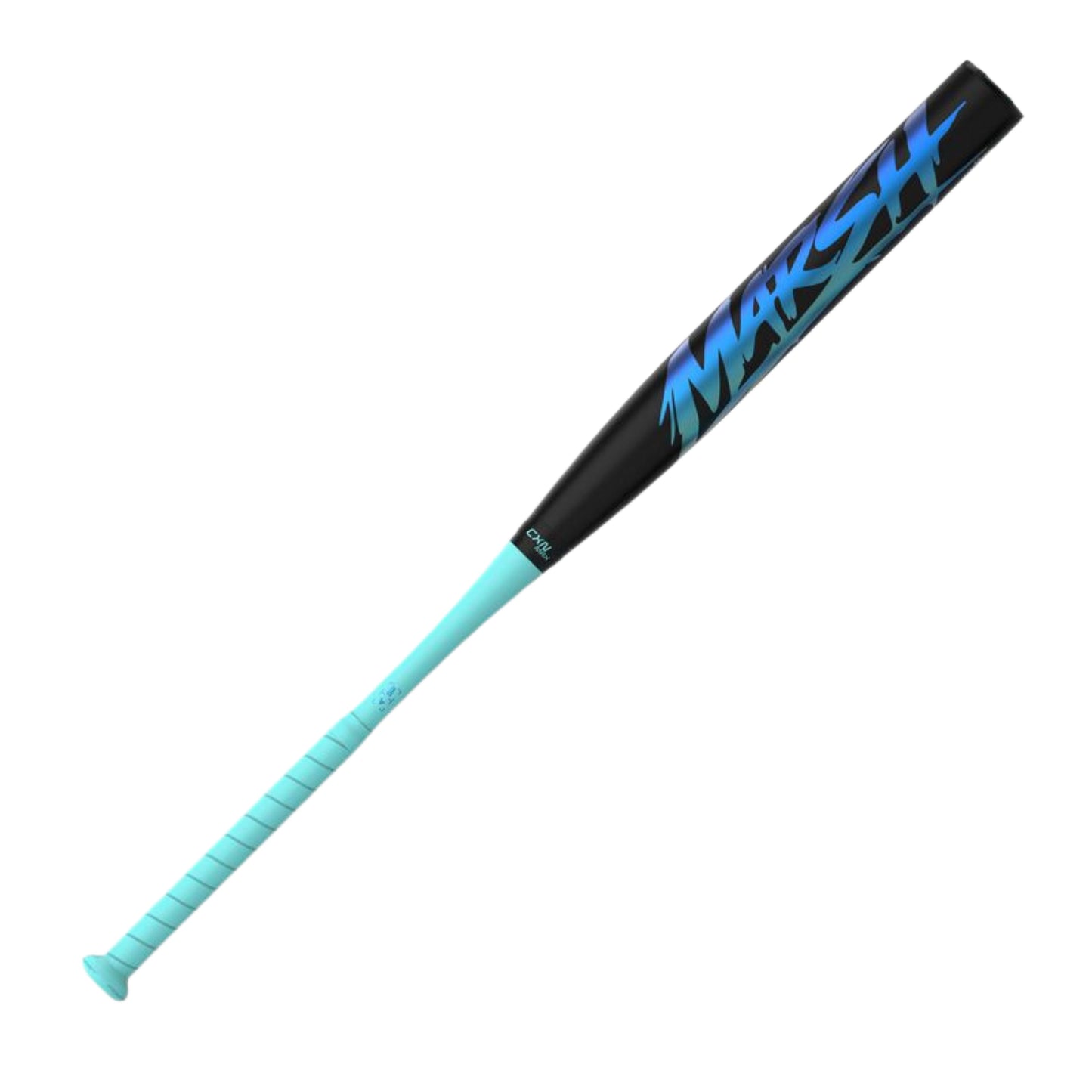 A photo of the Easton Tantrum Marsh 12" 2-Piece Slo-Pitch Bat in colour black with a teal handle and blue text.