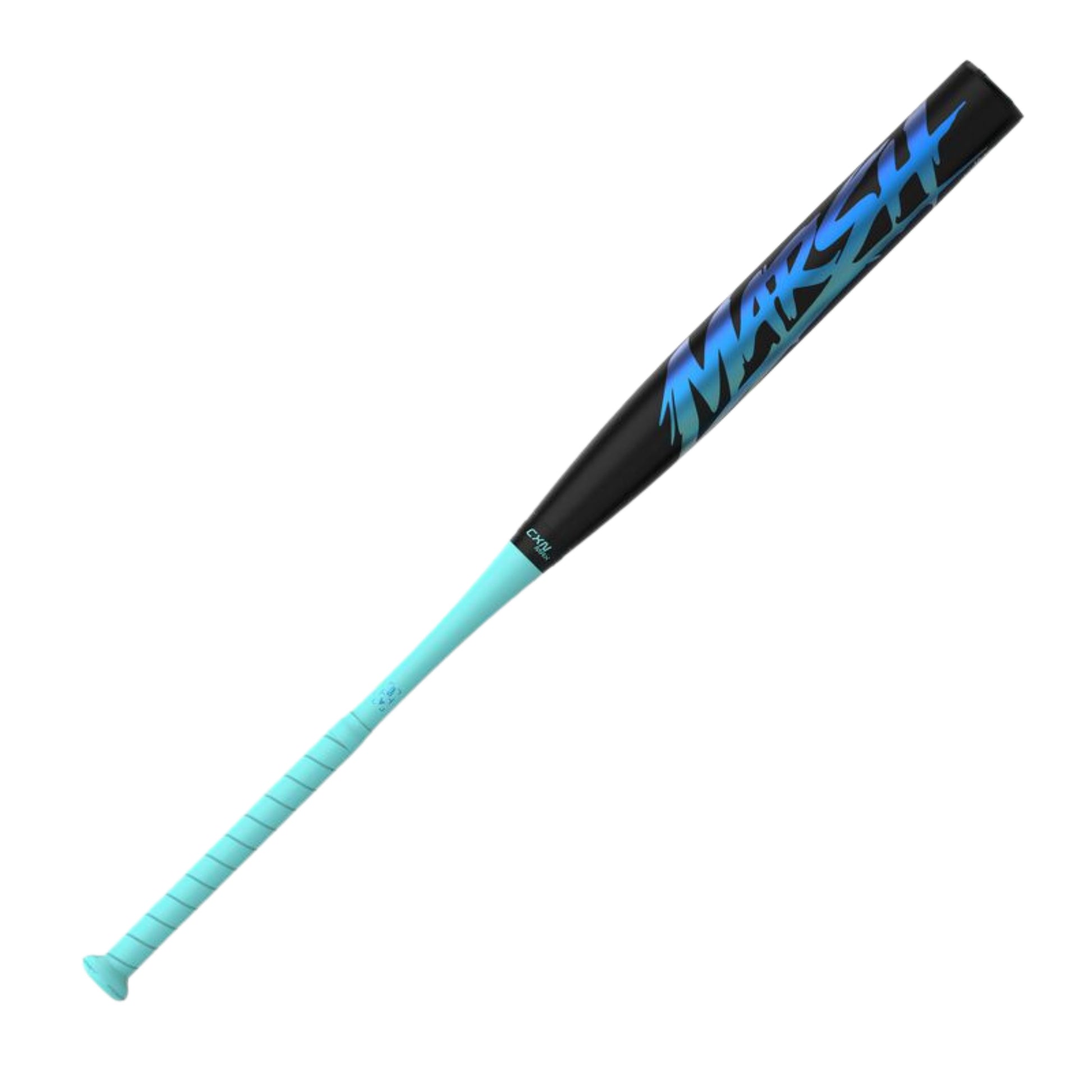 A photo of the Easton Tantrum Marsh 12" 2-Piece Slo-Pitch Bat in colour black with a teal handle and blue text.