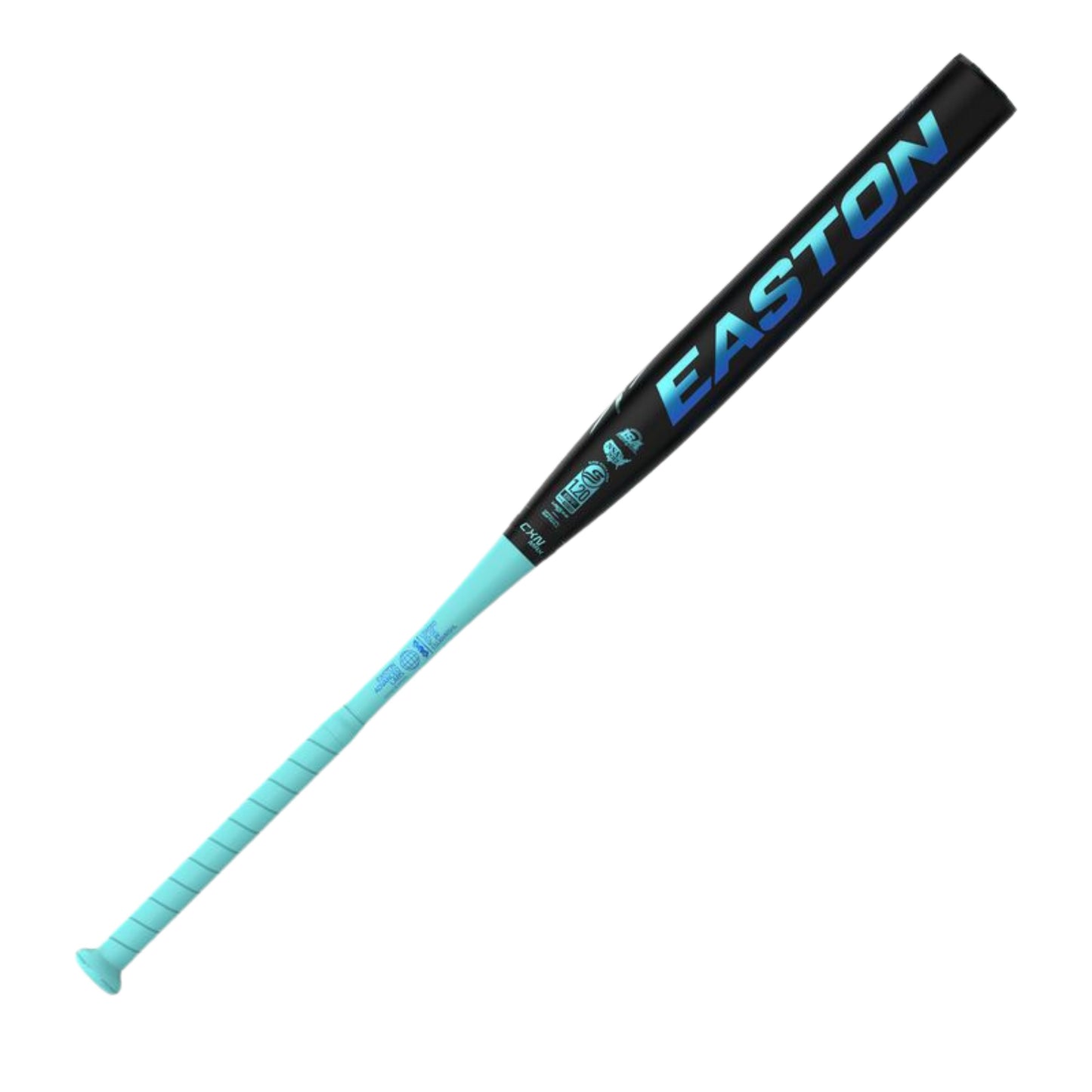 A photo of the Easton Tantrum Marsh 12" 2-Piece Slo-Pitch Bat in colour black with a teal handle and blue text.