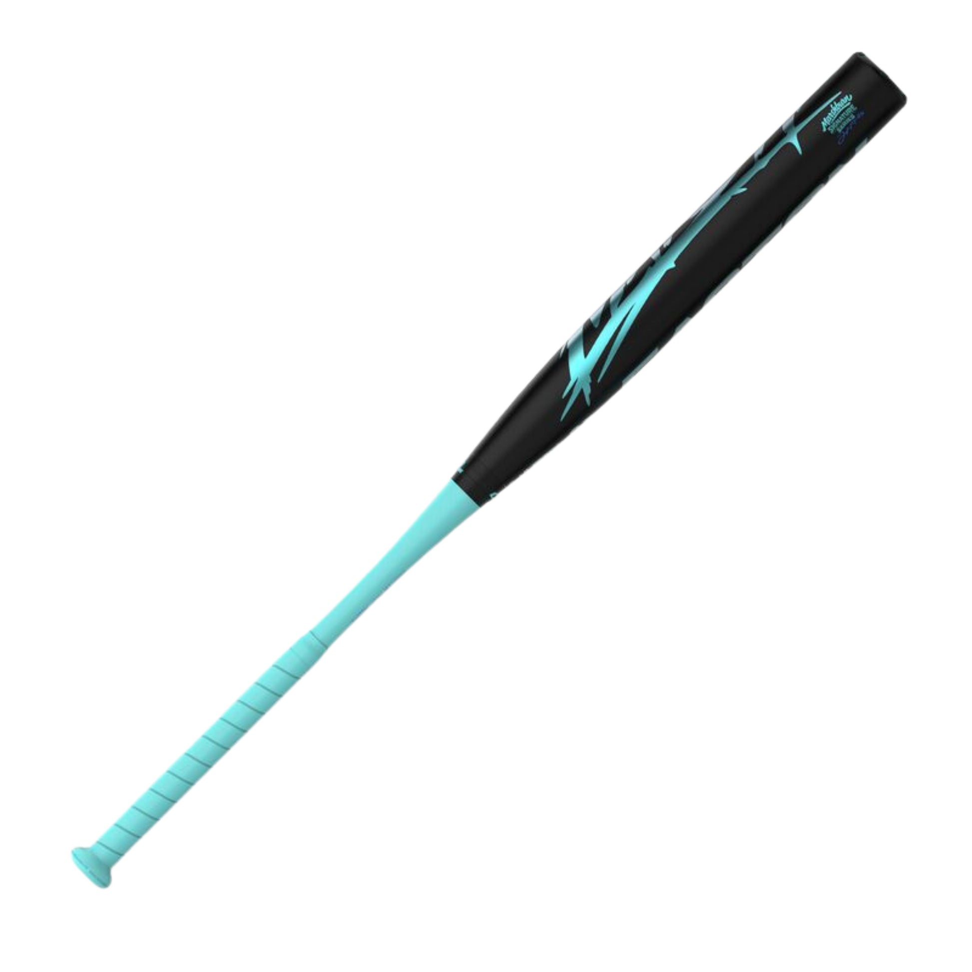 A photo of the Easton Tantrum Marsh 12" 2-Piece Slo-Pitch Bat in colour black with a teal handle and blue text.